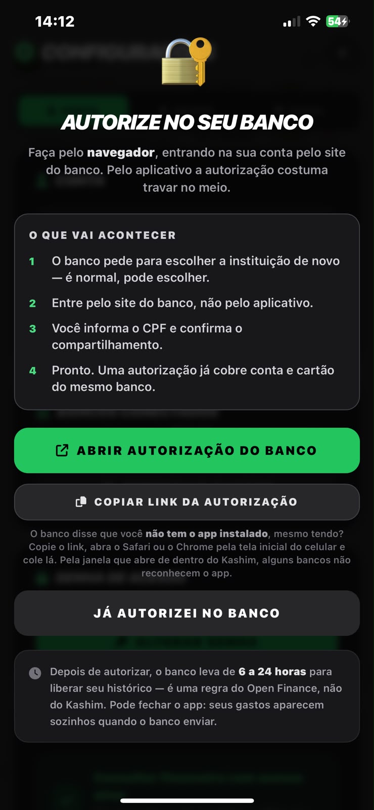 Tela de autorização do banco no Kashim