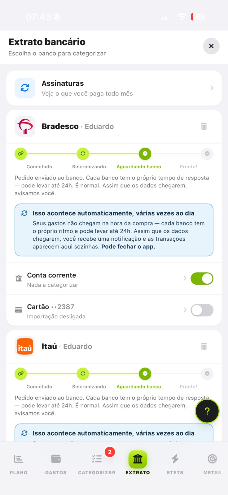 Extrato do Kashim com bancos conectados e o que falta categorizar