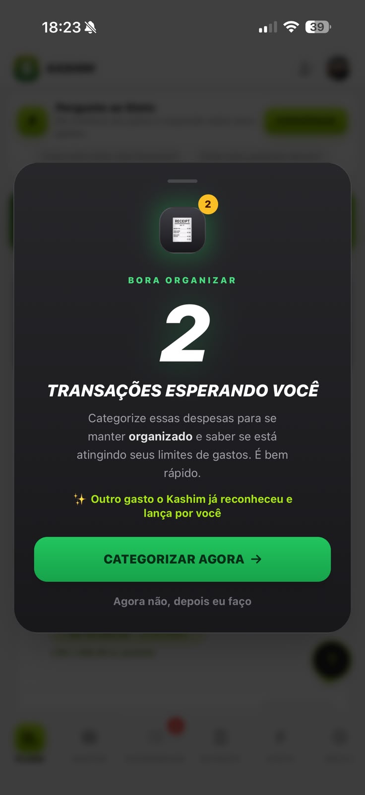 Aviso do Kashim no celular sobre gastos novos