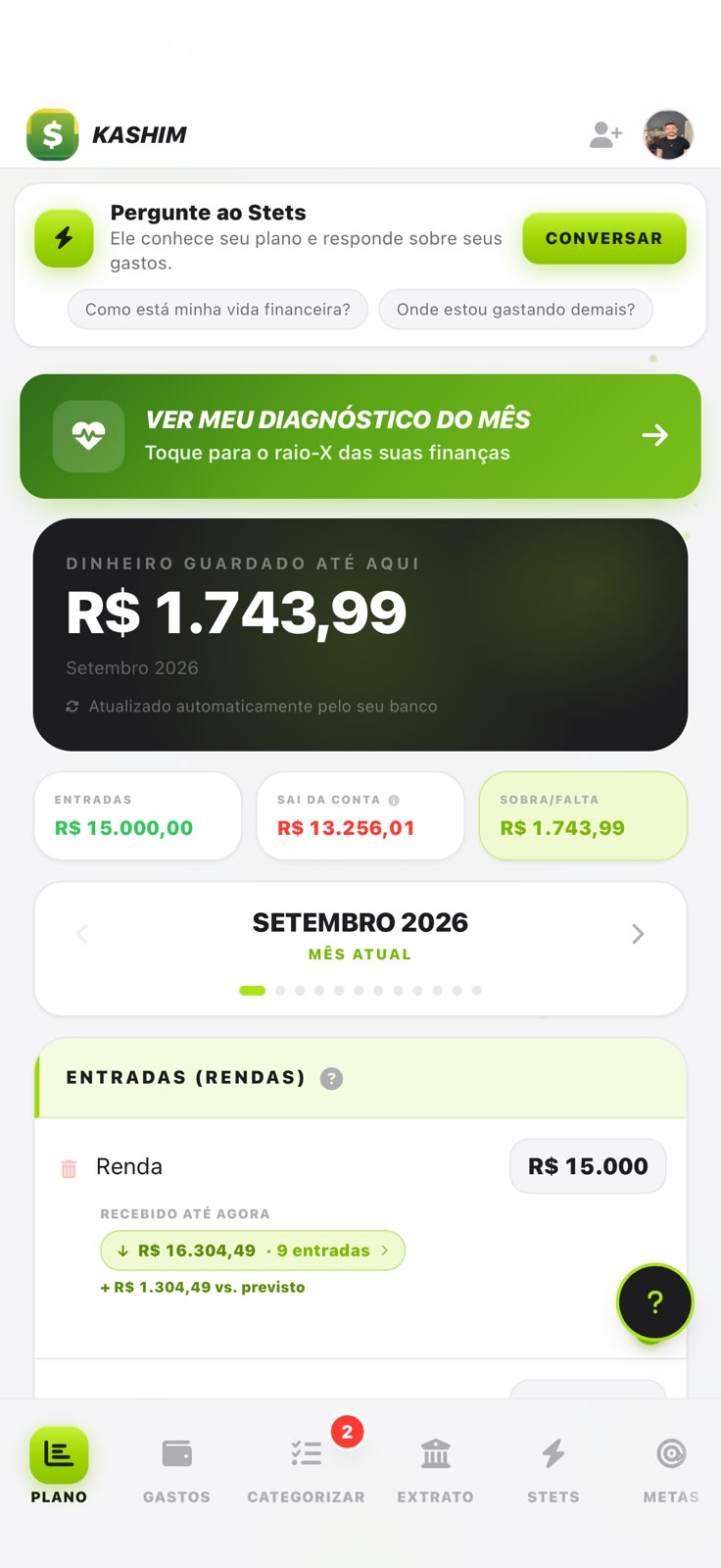 Tela do Kashim com o dinheiro guardado até aqui e os gastos do mês