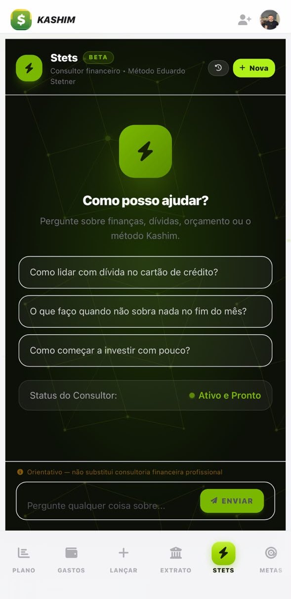 Tela do Stets no app Kashim: Como posso ajudar?